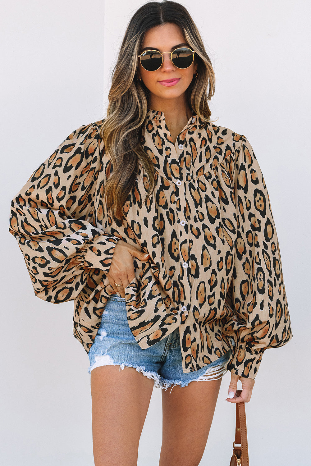 Radiant Light French Beige Oversized Leopard Print Balloon Sleeve Casual Shirt
