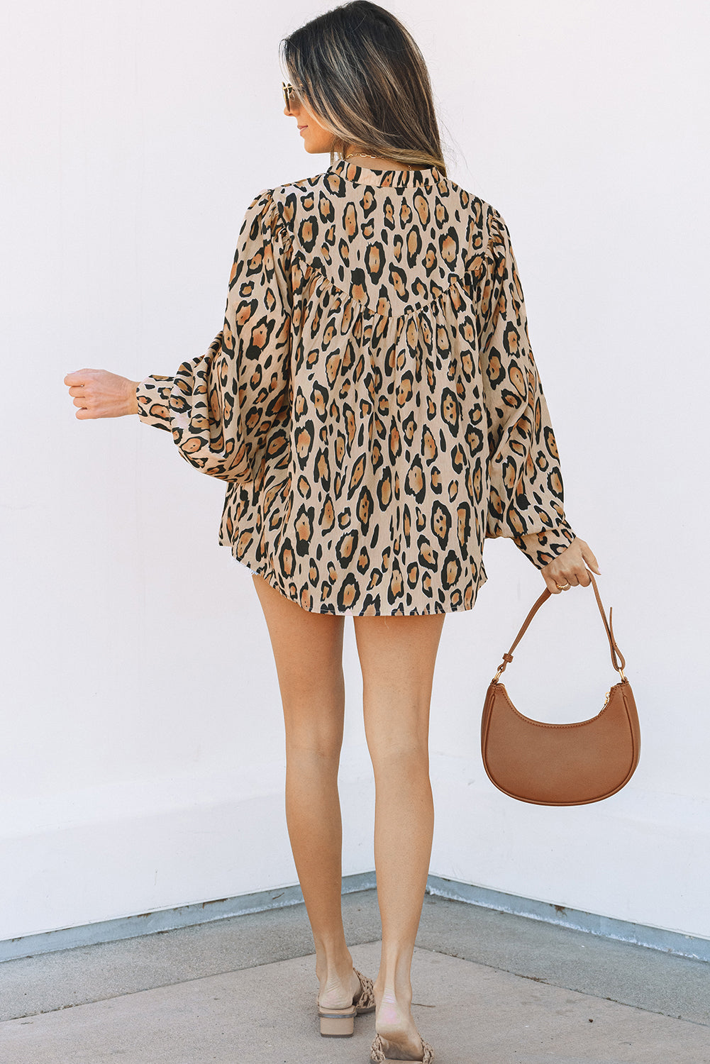 Radiant Light French Beige Oversized Leopard Print Balloon Sleeve Casual Shirt
