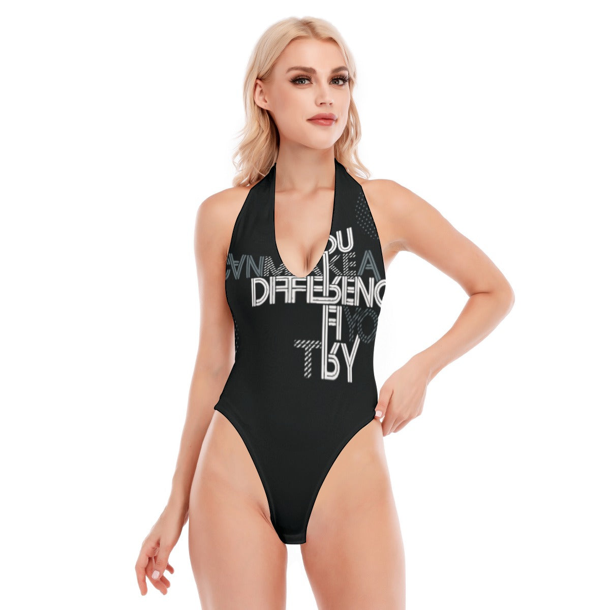 You Can Make A Difference If You Try All-Over Print Women's Backless V-neck Skinny Bodysuit
