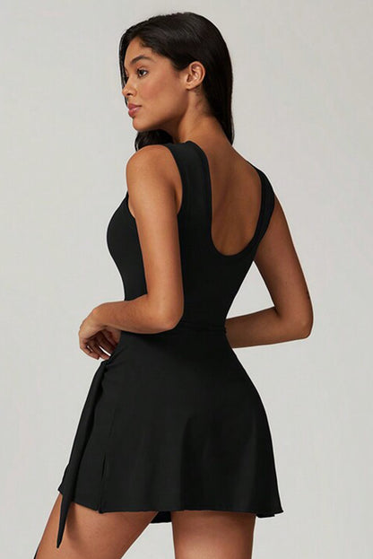 Black Sleeveless Knot Skirt Hem Sports Romper